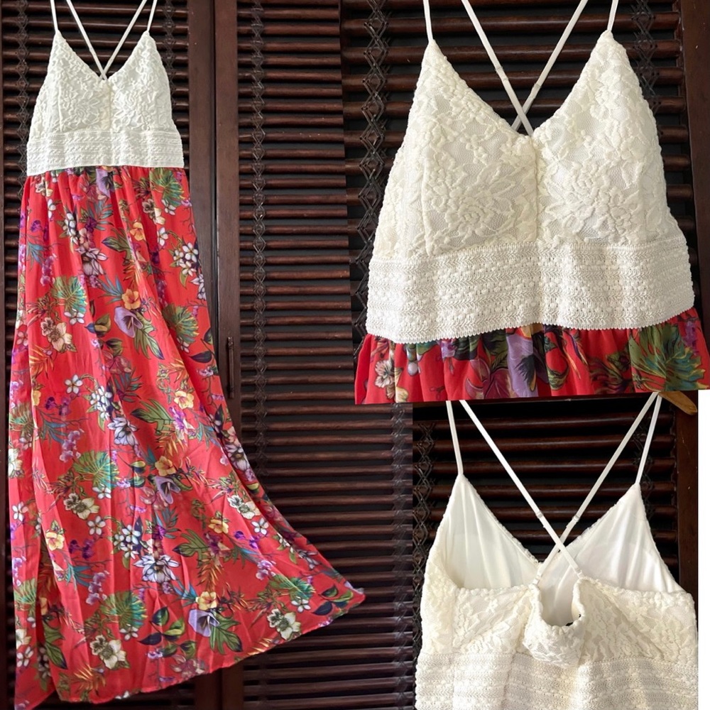 NWT XL Crochet Lace Top Halter Maxi Dress V-Neck White Tropical Floral V-neck